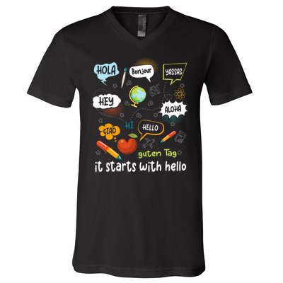 It Starts With Hello Friendship Inclusion Language V-Neck T-Shirt