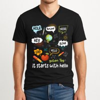 It Starts With Hello Friendship Inclusion Language V-Neck T-Shirt