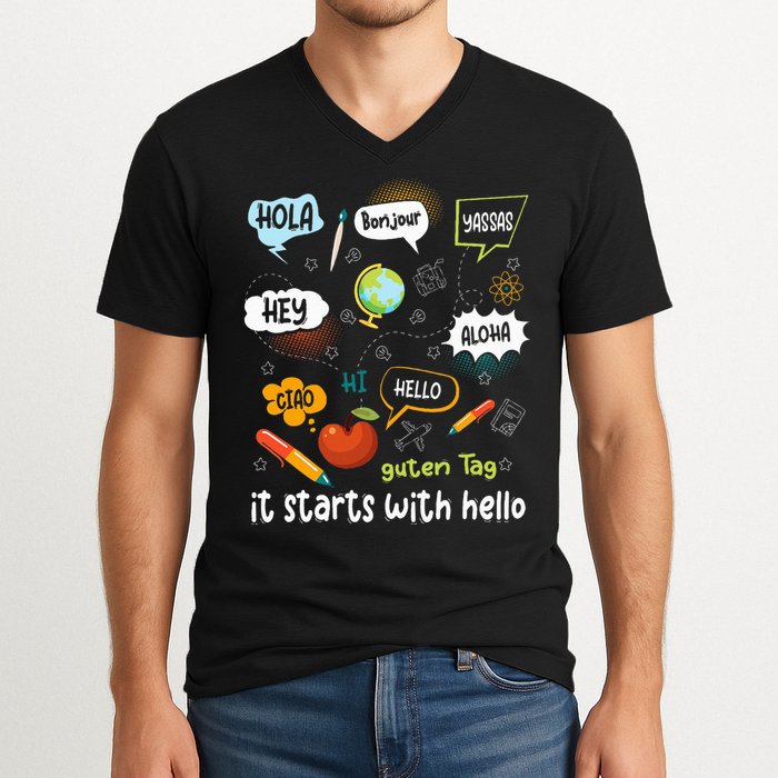 It Starts With Hello Friendship Inclusion Language V-Neck T-Shirt