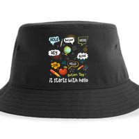 It Starts With Hello Friendship Inclusion Language Sustainable Bucket Hat
