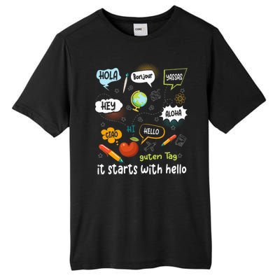 It Starts With Hello Friendship Inclusion Language Tall Fusion ChromaSoft Performance T-Shirt