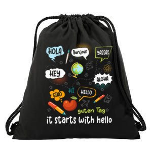 It Starts With Hello Friendship Inclusion Language Drawstring Bag