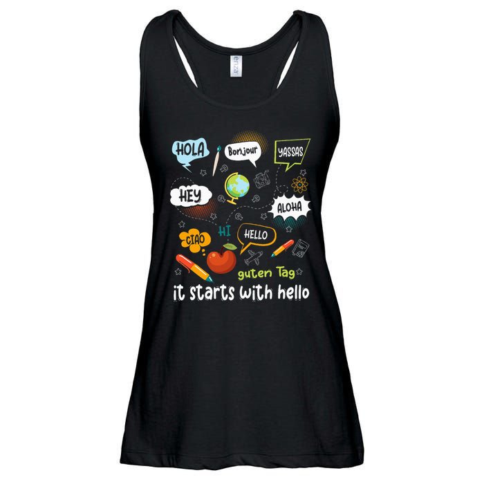 It Starts With Hello Friendship Inclusion Language Ladies Essential Flowy Tank