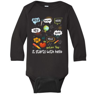 It Starts With Hello Friendship Inclusion Language Baby Long Sleeve Bodysuit