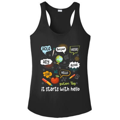 It Starts With Hello Friendship Inclusion Language Ladies PosiCharge Competitor Racerback Tank