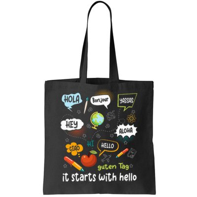 It Starts With Hello Friendship Inclusion Language Tote Bag