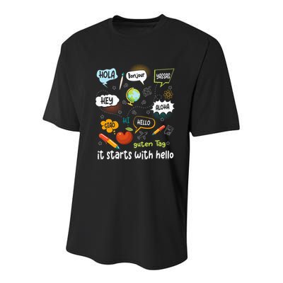 It Starts With Hello Friendship Inclusion Language Youth Performance Sprint T-Shirt