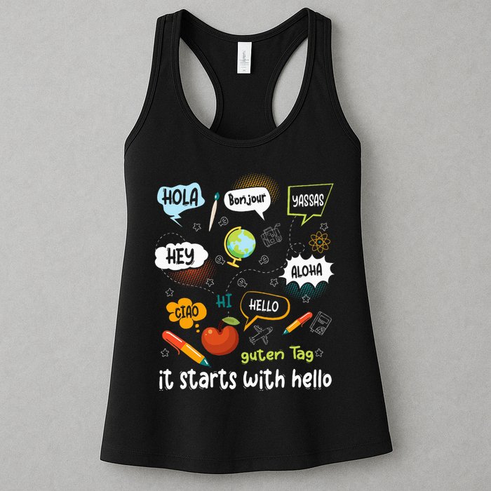 It Starts With Hello Friendship Inclusion Language Womens Tank Top