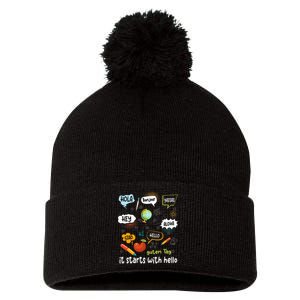 It Starts With Hello Friendship Inclusion Language Pom Pom 12in Knit Beanie