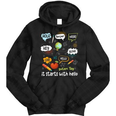 It Starts With Hello Friendship Inclusion Language Tie Dye Hoodie