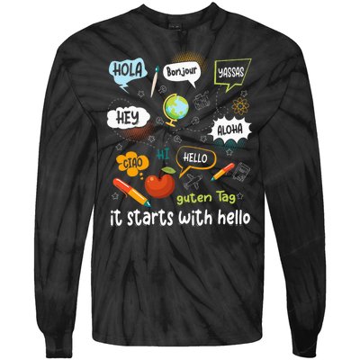 It Starts With Hello Friendship Inclusion Language Tie-Dye Long Sleeve Shirt