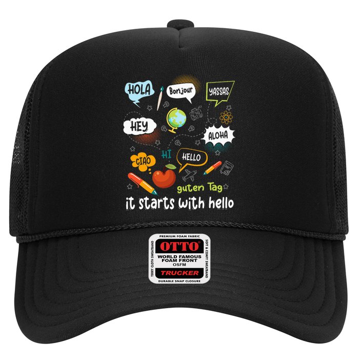 It Starts With Hello Friendship Inclusion Language Trucker Hat