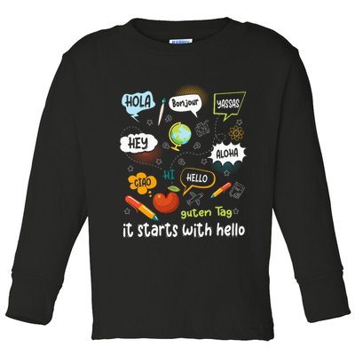It Starts With Hello Friendship Inclusion Language Toddler Long Sleeve Shirt