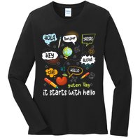 It Starts With Hello Friendship Inclusion Language Ladies Long Sleeve Shirt