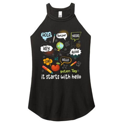 It Starts With Hello Friendship Inclusion Language Women's Perfect Tri Rocker Tank