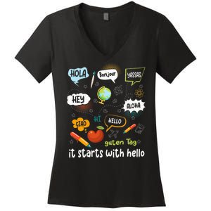 It Starts With Hello Friendship Inclusion Language Women's V-Neck T-Shirt