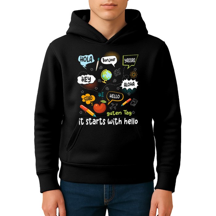 It Starts With Hello Friendship Inclusion Language Kids Hoodie