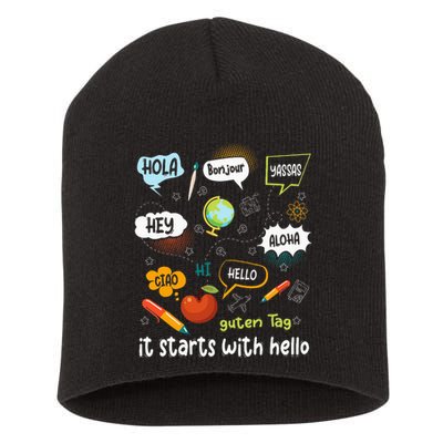 It Starts With Hello Friendship Inclusion Language Short Acrylic Beanie