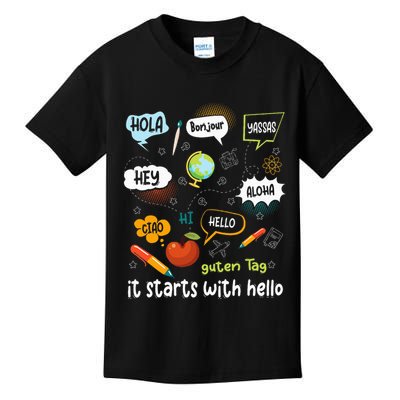 It Starts With Hello Friendship Inclusion Language Kids T-Shirt