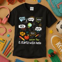 It Starts With Hello Friendship Inclusion Language Kids T-Shirt