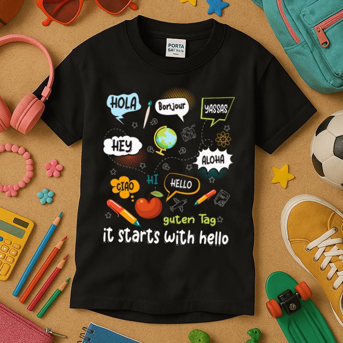 It Starts With Hello Friendship Inclusion Language Kids T-Shirt