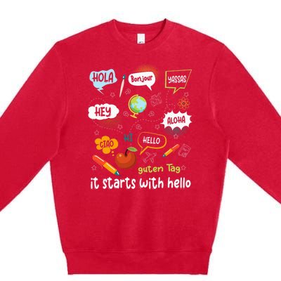 It Starts With Hello Friendship Inclusion Language Premium Crewneck Sweatshirt