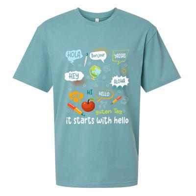 It Starts With Hello Friendship Inclusion Language Sueded Cloud Jersey T-Shirt