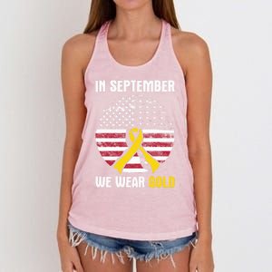 In September We Wear Gold Hood Cancer Awareness Gift Women's Knotted Racerback Tank