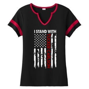 I Stand With Tucker Carlson American Flag Political Ladies Halftime Notch Neck Tee