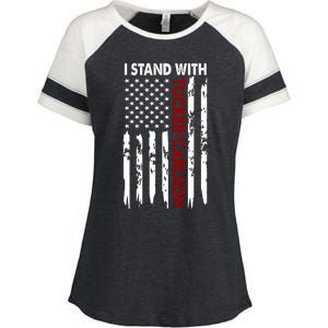 I Stand With Tucker Carlson American Flag Political Enza Ladies Jersey Colorblock Tee