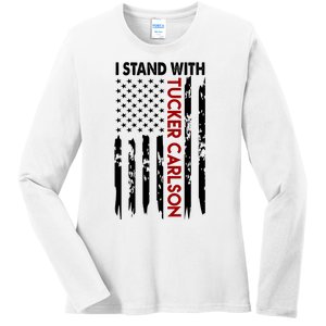 I Stand With Tucker Carlson American Flag Political Ladies Long Sleeve Shirt