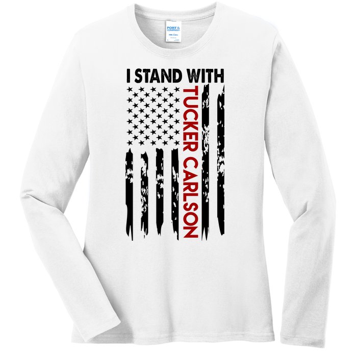 I Stand With Tucker Carlson American Flag Political Ladies Long Sleeve Shirt