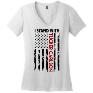 I Stand With Tucker Carlson American Flag Political Women's V-Neck T-Shirt