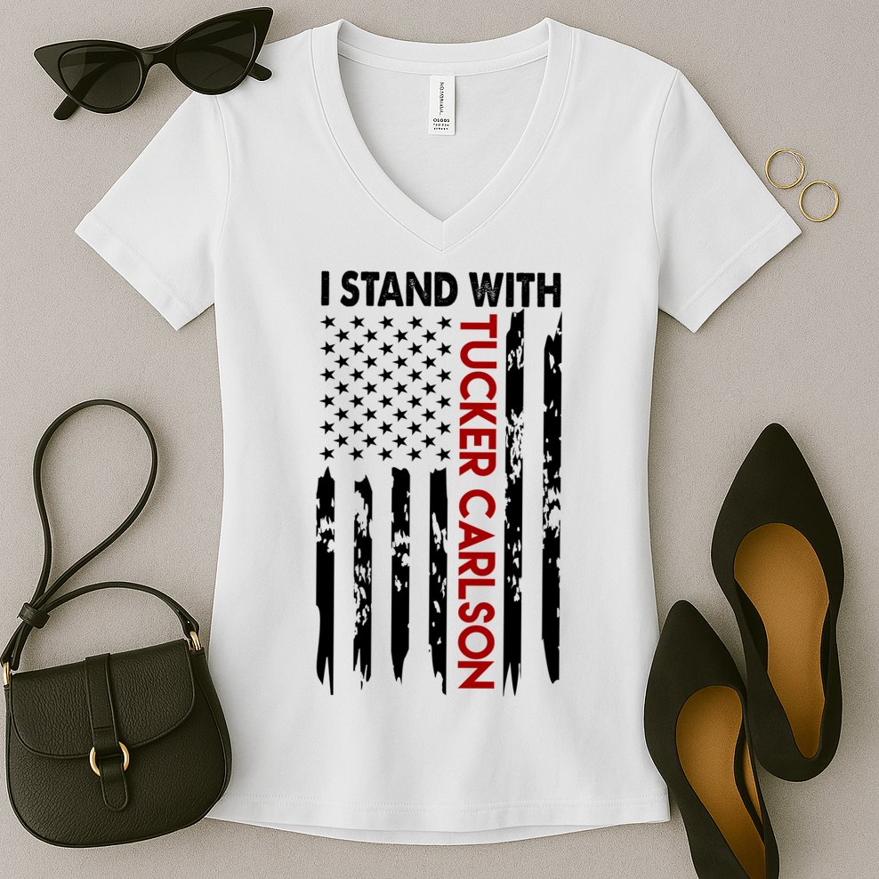 I Stand With Tucker Carlson American Flag Political Women's V-Neck T-Shirt
