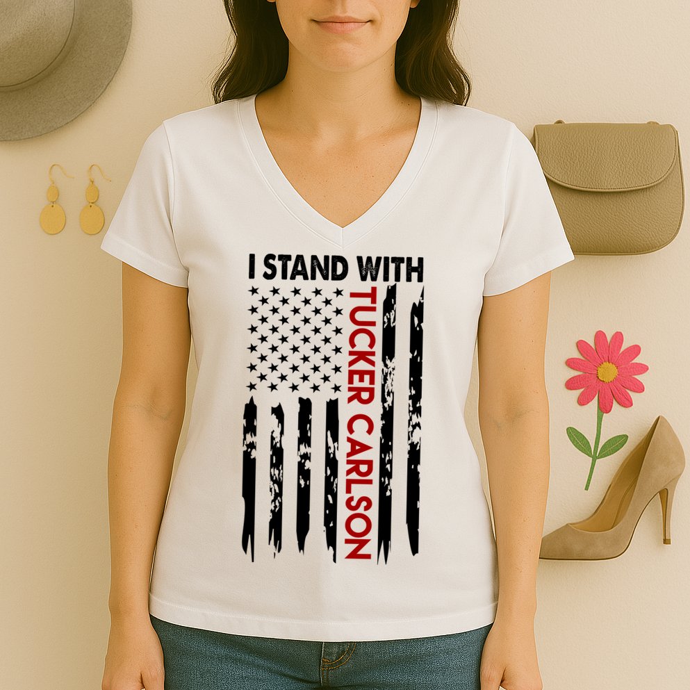 I Stand With Tucker Carlson American Flag Political Women's V-Neck T-Shirt