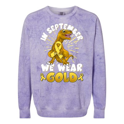 In September We Wear Gold Trex Dinosaur Childhood Cancer Awareness Colorblast Crewneck Sweatshirt