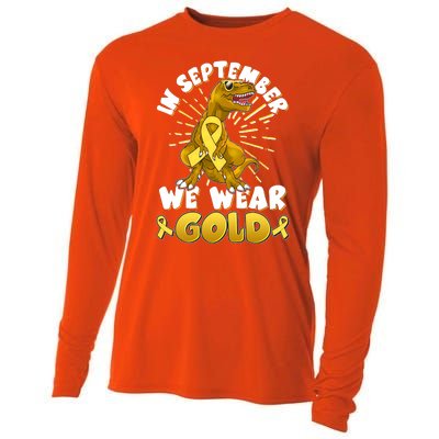 In September We Wear Gold Trex Dinosaur Childhood Cancer Awareness Cooling Performance Long Sleeve Crew