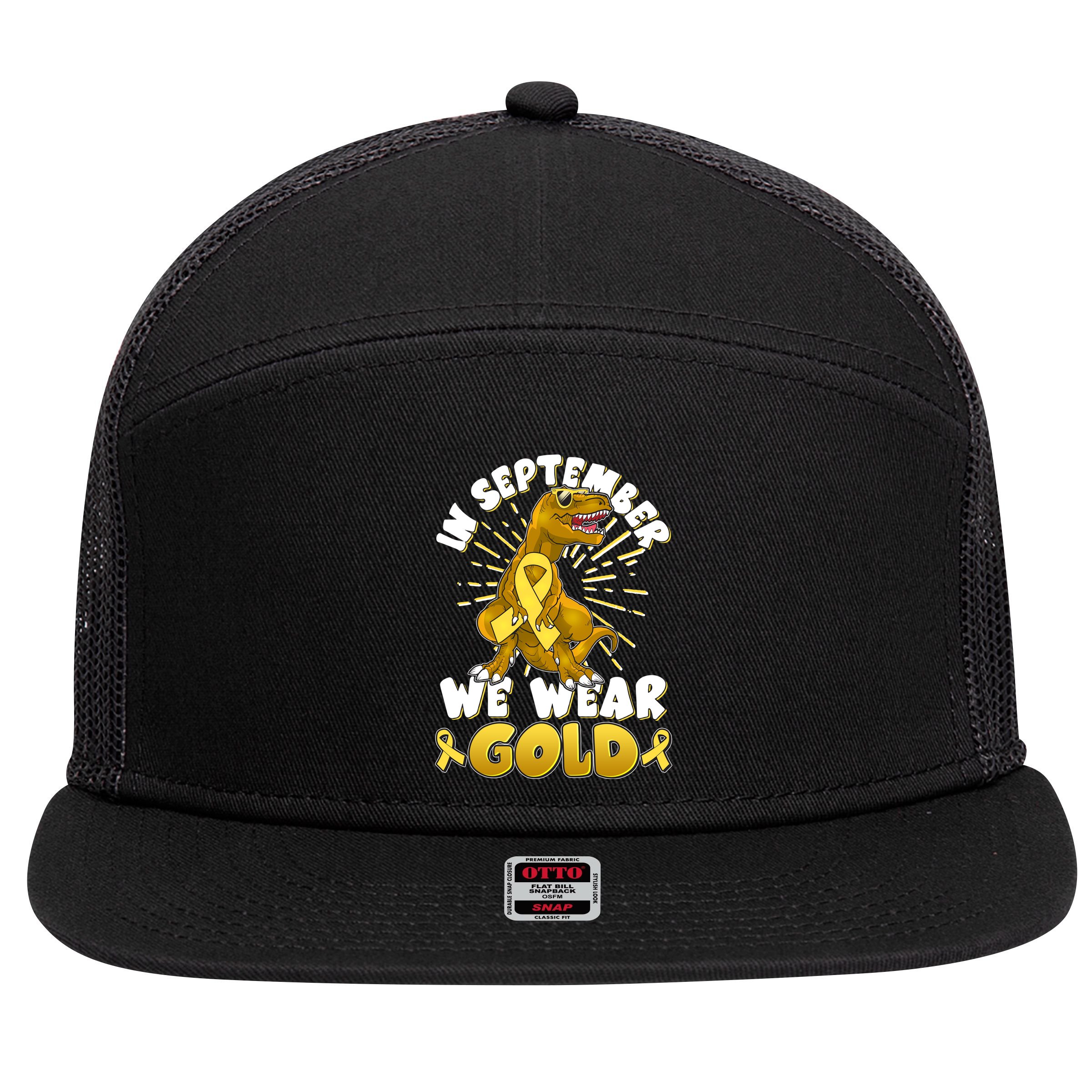 In September We Wear Gold Trex Dinosaur Childhood Cancer Awareness 7 Panel Mesh Trucker Snapback Hat