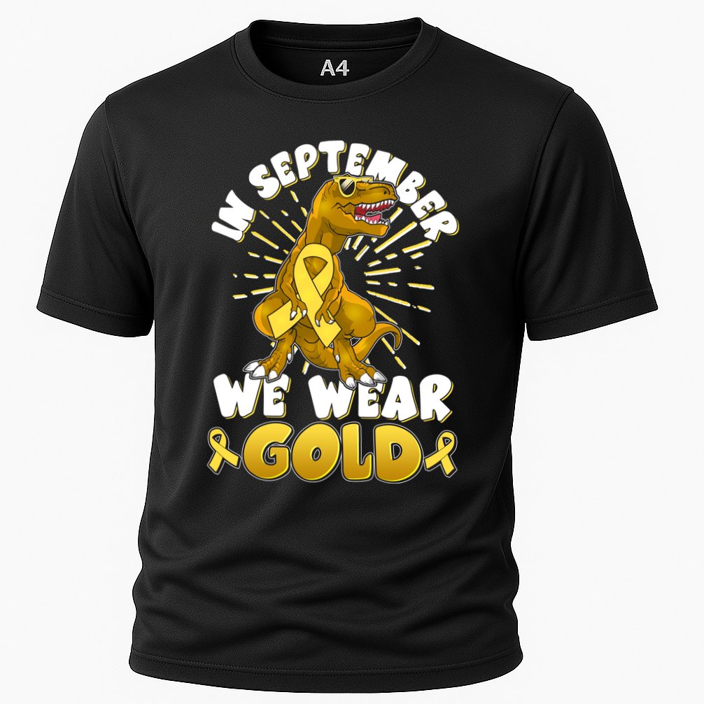 In September We Wear Gold Trex Dinosaur Childhood Cancer Awareness Cooling Performance Crew T-Shirt