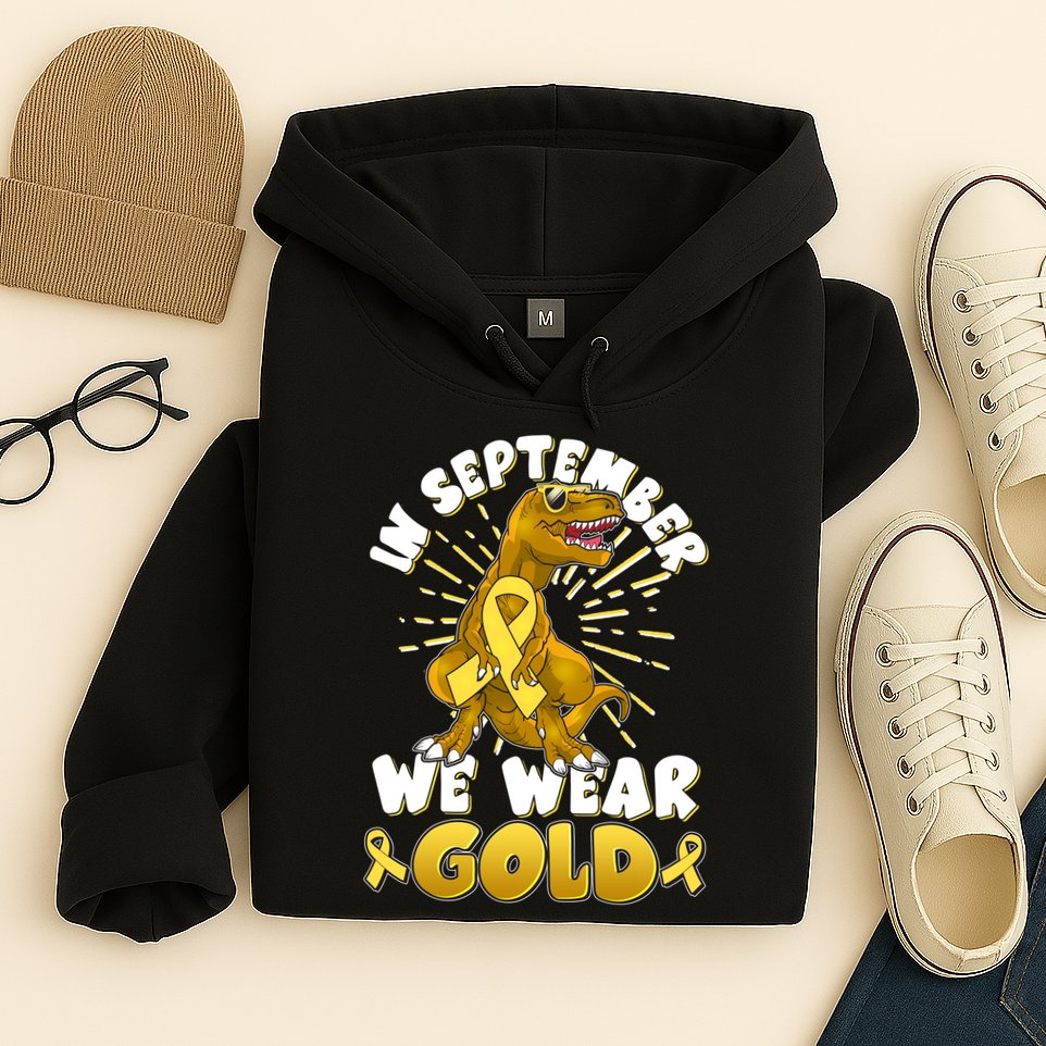 In September We Wear Gold Trex Dinosaur Childhood Cancer Awareness Hoodie