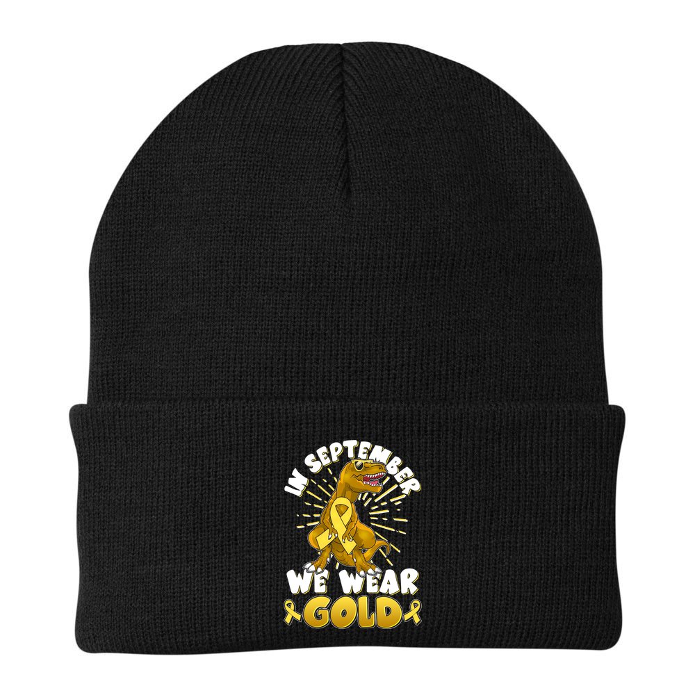 In September We Wear Gold Trex Dinosaur Childhood Cancer Awareness Beanie