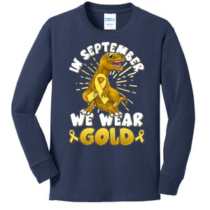 In September We Wear Gold Trex Dinosaur Childhood Cancer Awareness Kids Long Sleeve Shirt