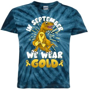 In September We Wear Gold Trex Dinosaur Childhood Cancer Awareness Kids Tie-Dye T-Shirt