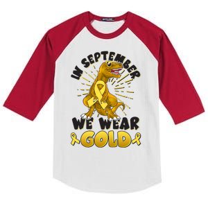 In September We Wear Gold Trex Dinosaur Childhood Cancer Awareness Kids Colorblock Raglan Jersey