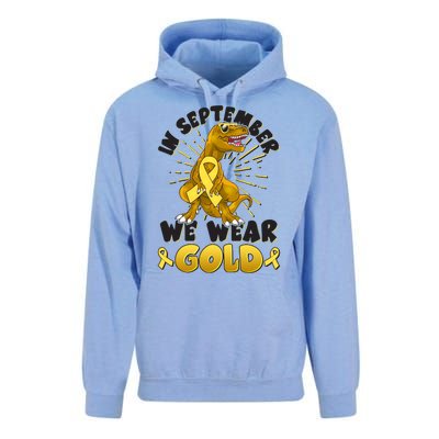 In September We Wear Gold Trex Dinosaur Childhood Cancer Awareness Unisex Surf Hoodie