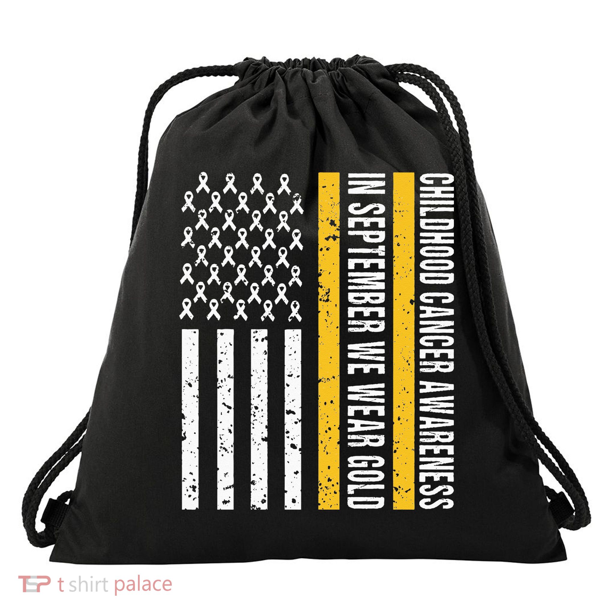 In September We Wear Gold Childhood Cancer Awareness Flag Drawstring Bag