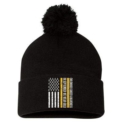 In September We Wear Gold Childhood Cancer Awareness Flag Pom Pom 12in Knit Beanie