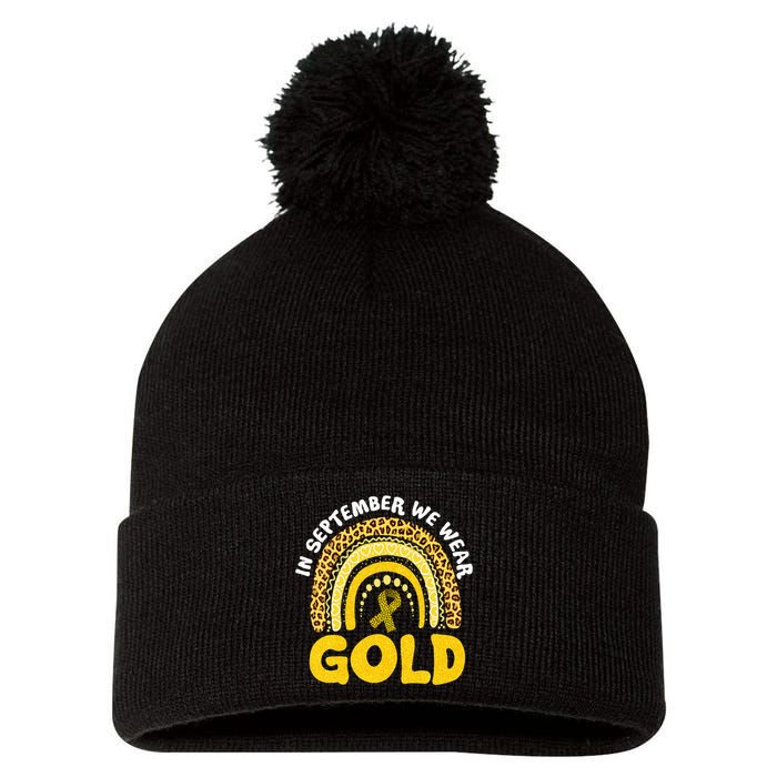 In September We Wear Gold Childhood Cancer Awareness Leopard Pom Pom 12in Knit Beanie