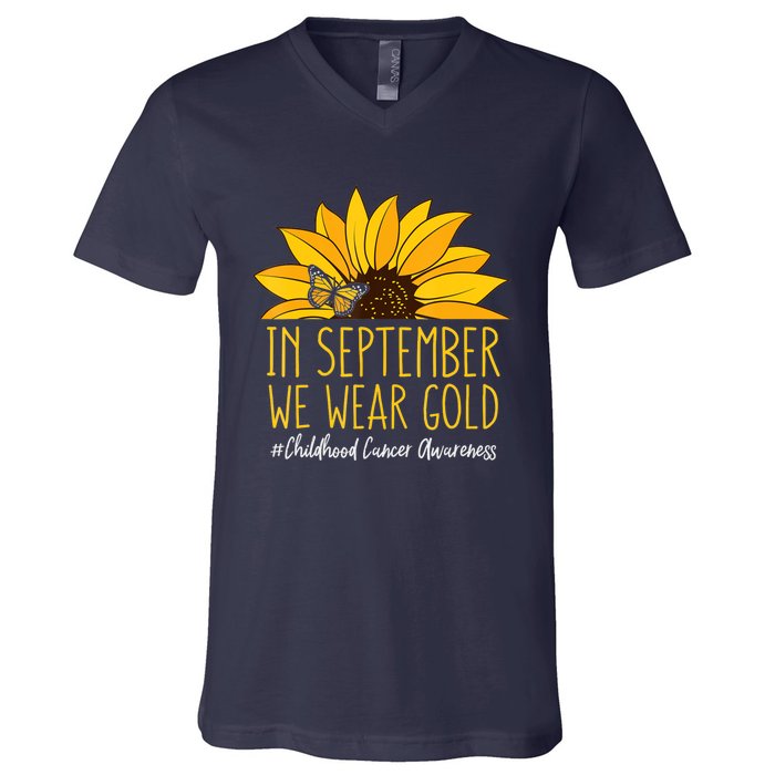 In September Wear Gold Childhood Cancer Awareness Sunflower V-Neck T-Shirt