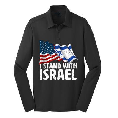 I Stand With Israel Usa American Flag Israel Flag Silk Touch Performance Long Sleeve Polo